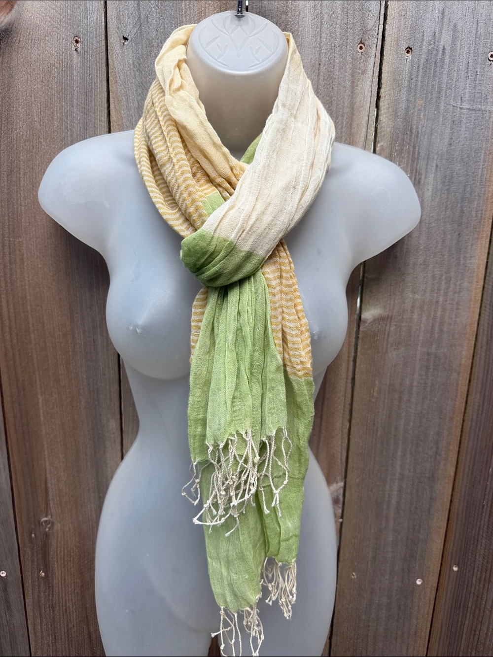 Sage Green & Yellow Linen Cotton Scarf | Striped Fringed Lightweight Wrap
